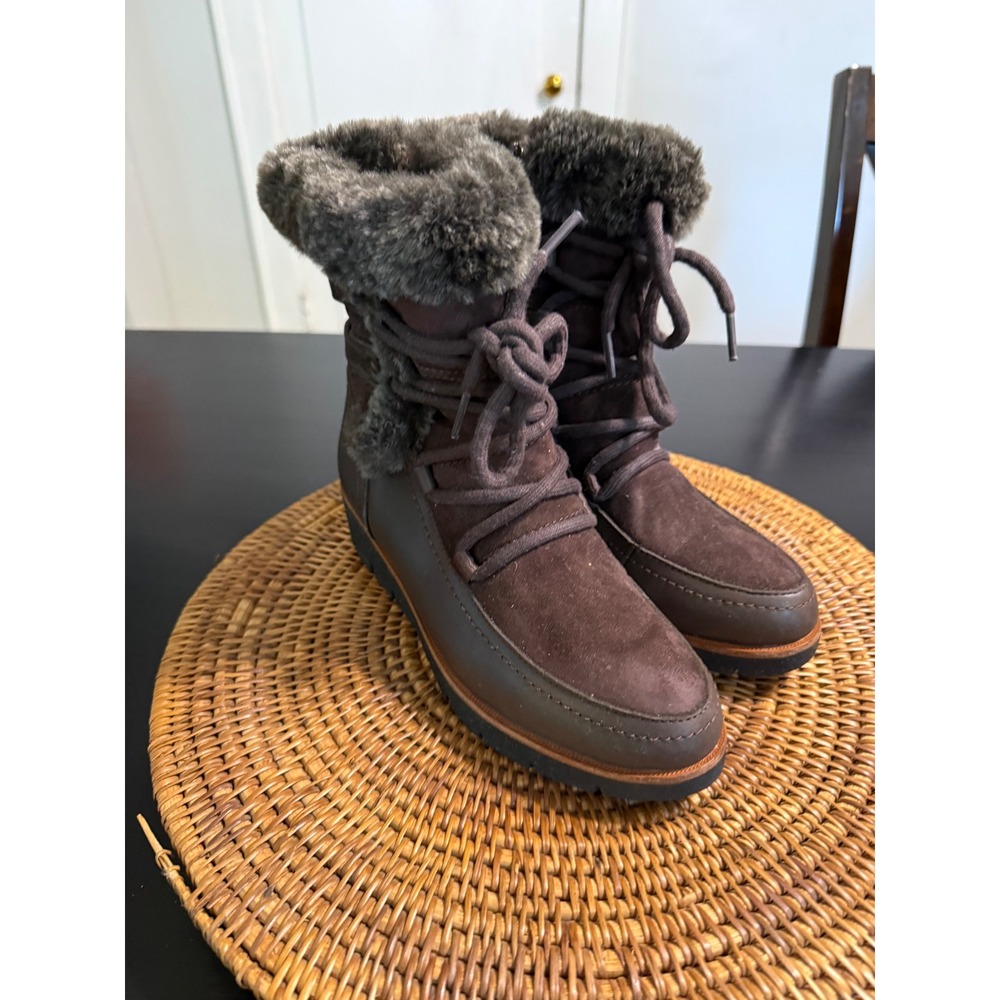 Earth Zurich Basel Brown Leather Faux Fur Trim Lace Up Ankle Boots Java Multi 7M